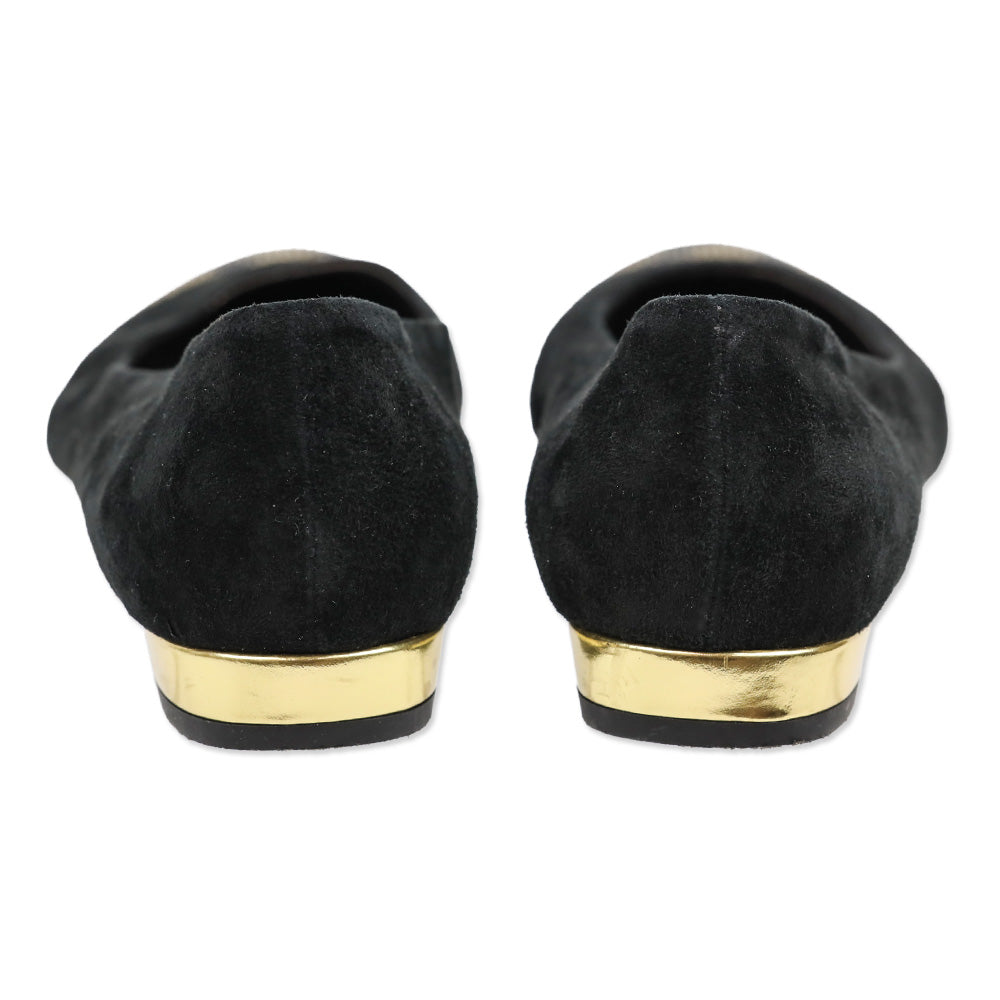 AGL Black Suede Leopard Crystal Studded Cap Toe Ballet Flats