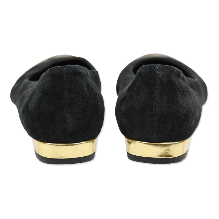 AGL Black Suede Leopard Crystal Studded Cap Toe Ballet Flats