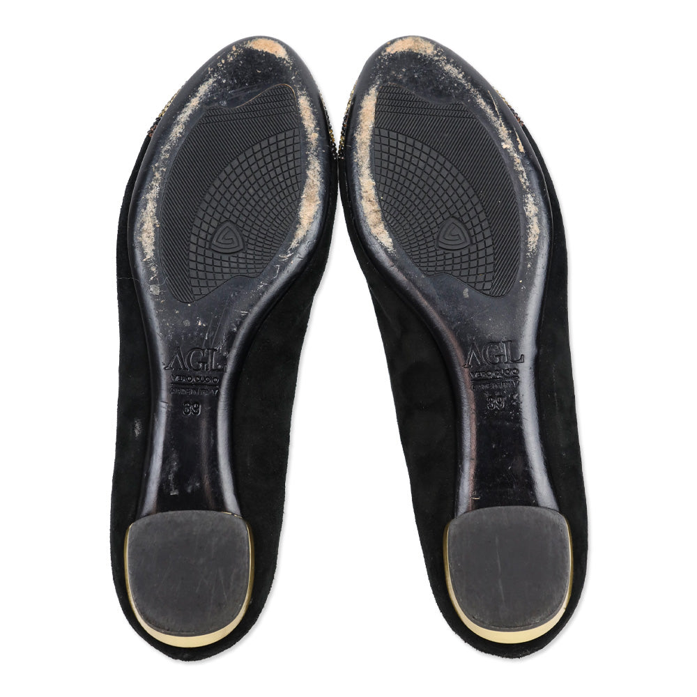 AGL Black Suede Leopard Crystal Studded Cap Toe Ballet Flats
