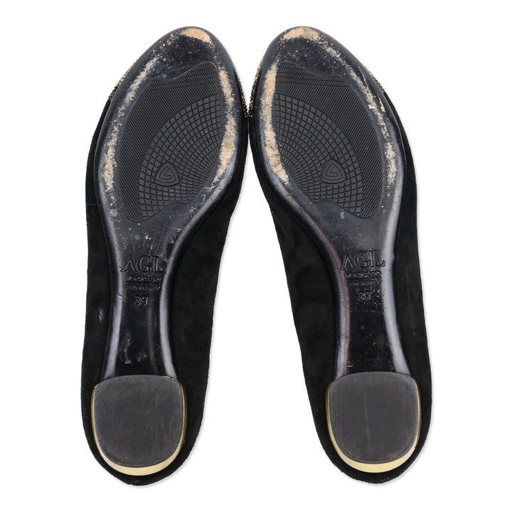 AGL Black Suede Leopard Crystal Studded Cap Toe Ballet Flats