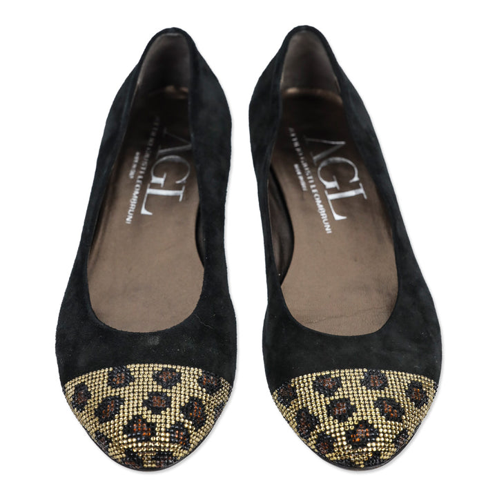AGL Black Suede Leopard Crystal Studded Cap Toe Ballet Flats