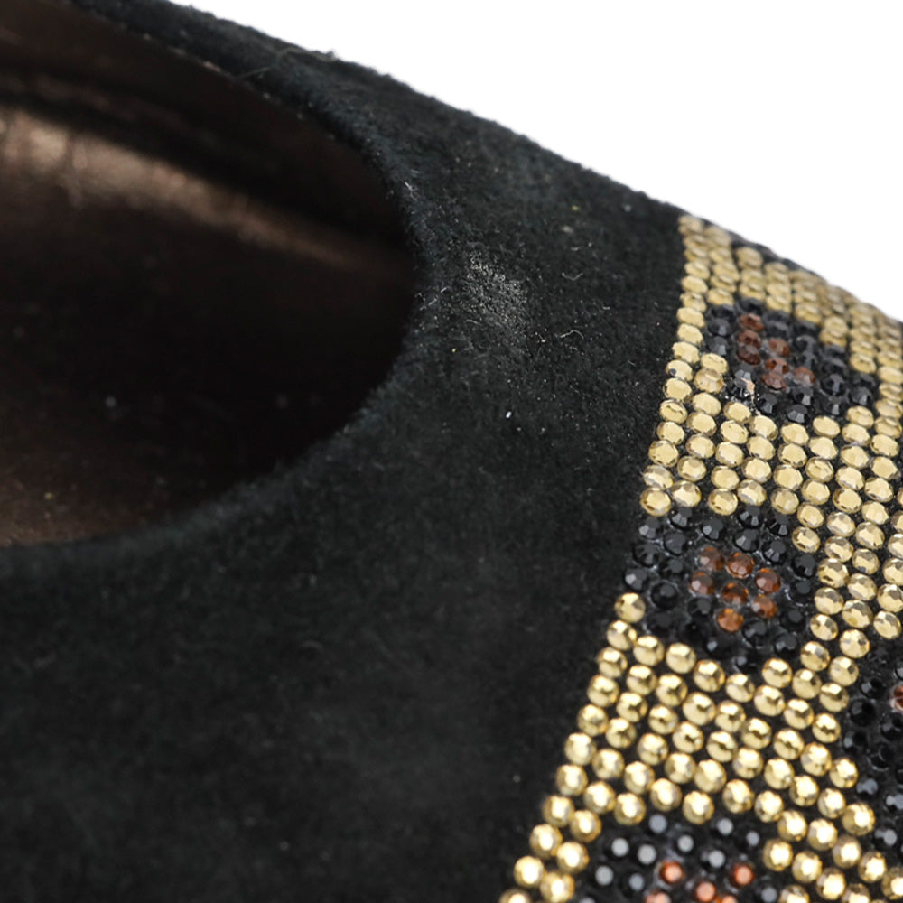 AGL Black Suede Leopard Crystal Studded Cap Toe Ballet Flats