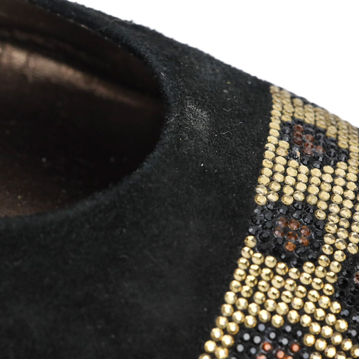 AGL Black Suede Leopard Crystal Studded Cap Toe Ballet Flats