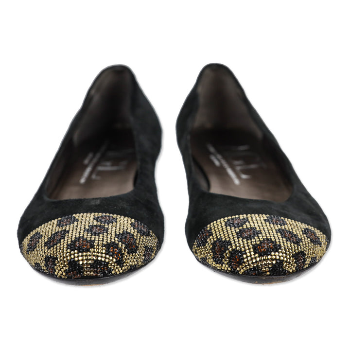 AGL Black Suede Leopard Crystal Studded Cap Toe Ballet Flats