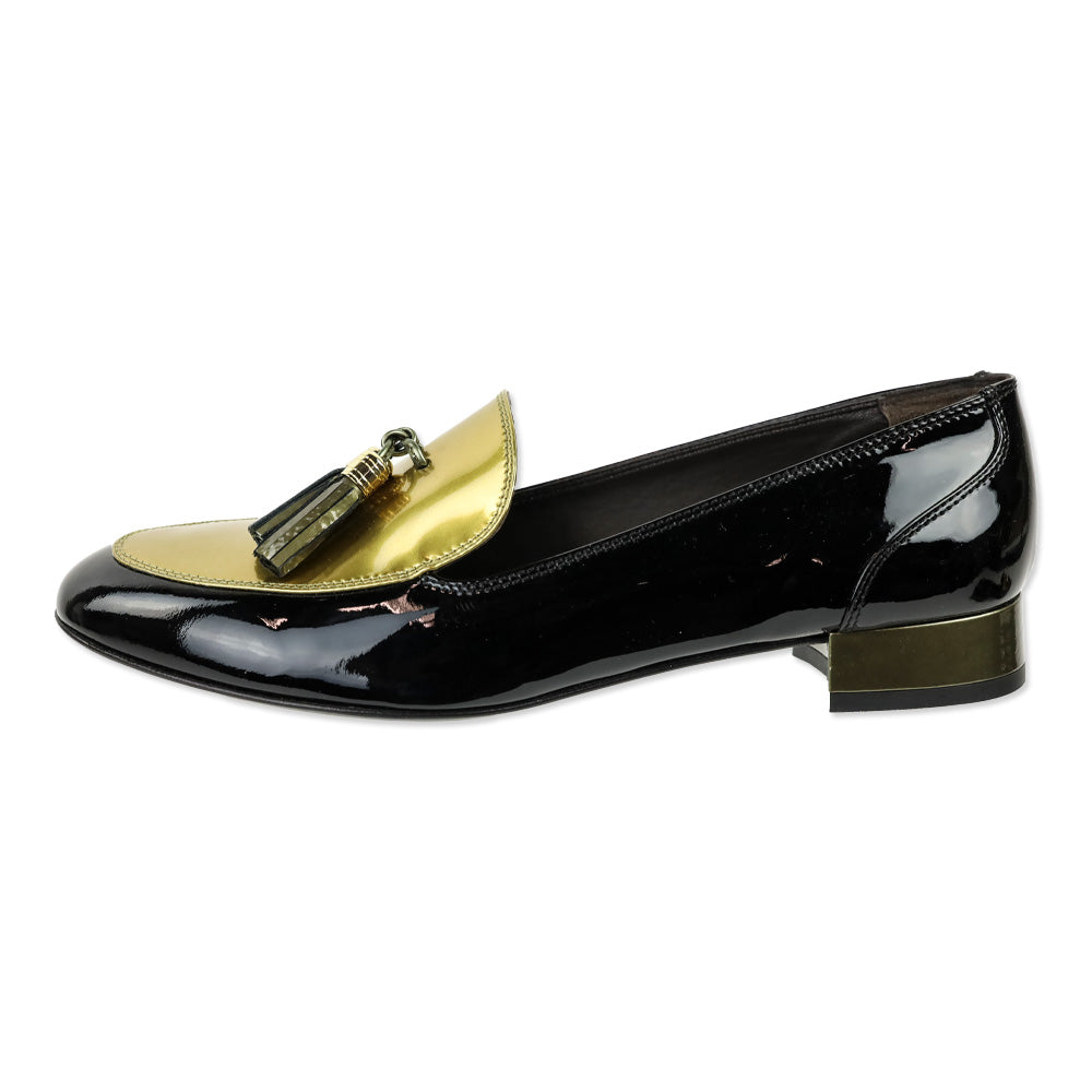 AGL Black/Gold Patent Leather Tassel Loafer