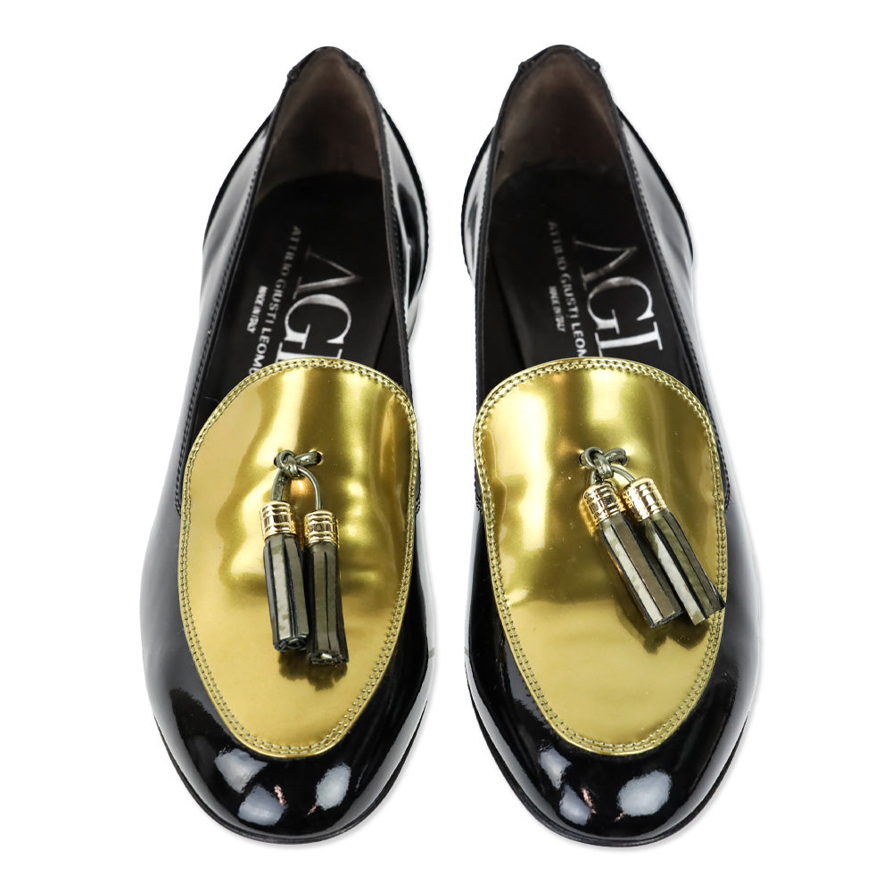 AGL Black/Gold Patent Leather Tassel Loafer