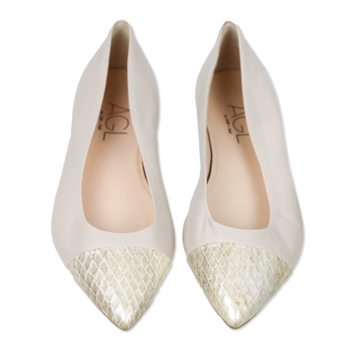 AGL Mila Beige Leather Patent Croc Cap Toe Flat