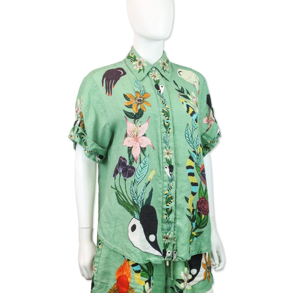 ALÉMAIS Jade Green Meagan Linen Floral Print Shirt