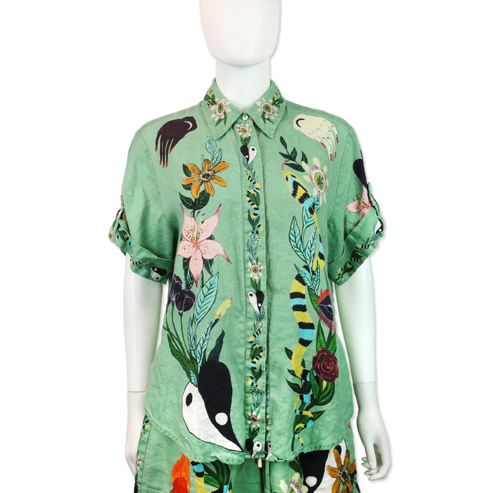 ALÉMAIS Jade Green Meagan Linen Floral Print Shirt