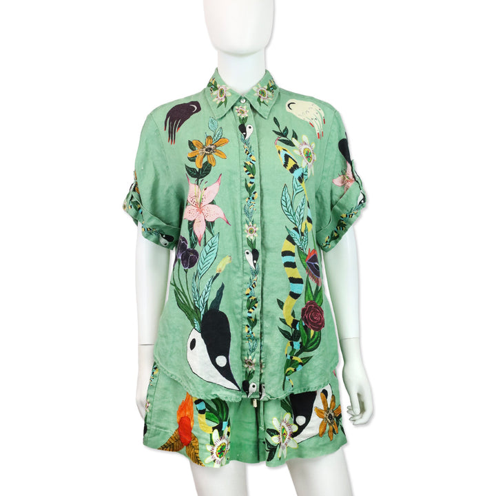 ALÉMAIS Jade Green Meagan Linen Floral Print Shirt