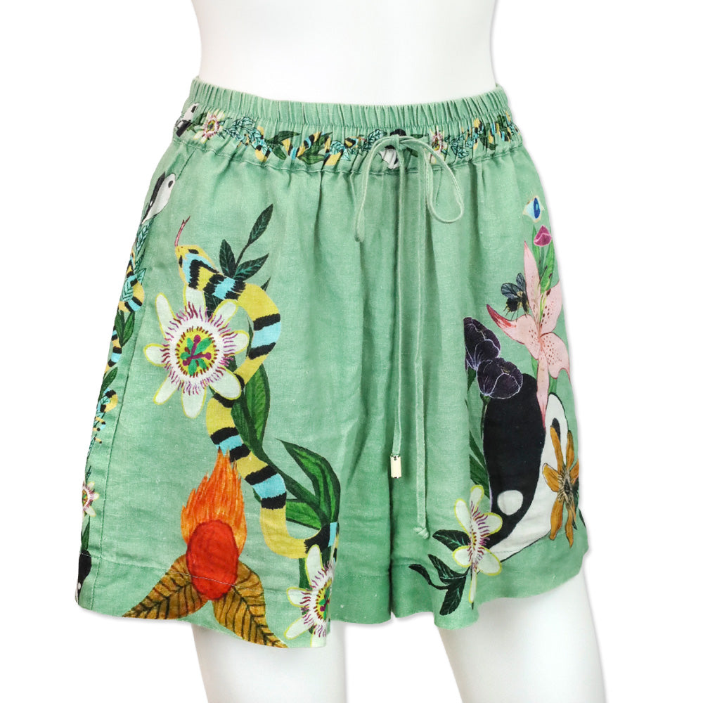 ALÉMAIS Jade Green Meagan Linen Floral Print Shorts
