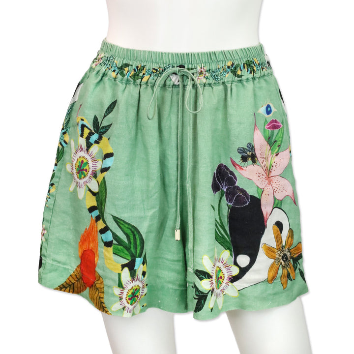ALÉMAIS Jade Green Meagan Linen Floral Print Shorts