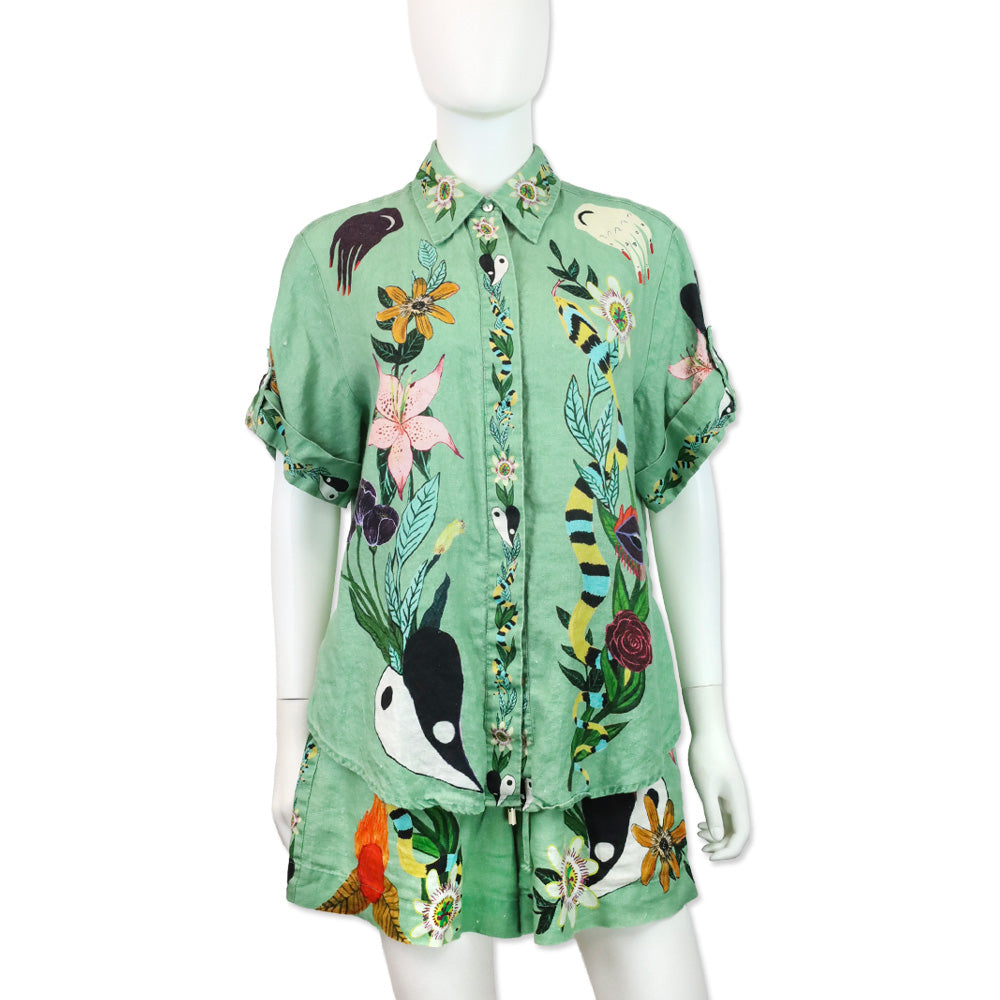 ALÉMAIS Jade Green Meagan Linen Floral Print Shorts
