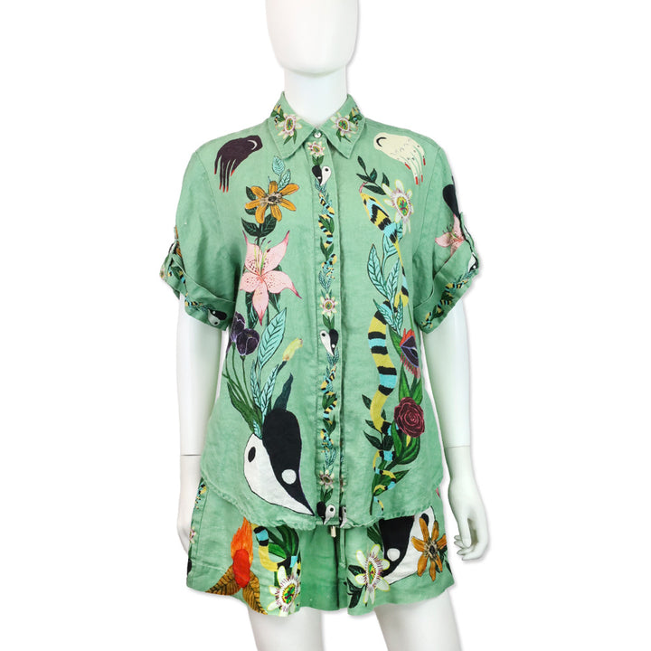 ALÉMAIS Jade Green Meagan Linen Floral Print Shorts