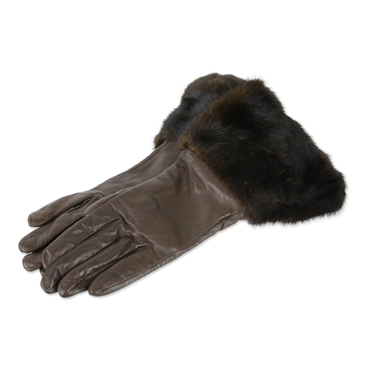 Agnelle Brown Lambskin Mink Trimmed Gloves with Cashmere Lining
