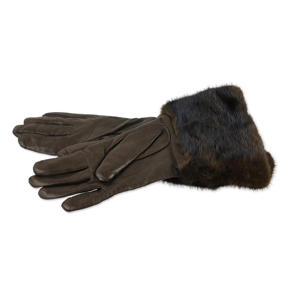 Agnelle Brown Lambskin Mink Trimmed Gloves with Cashmere Lining