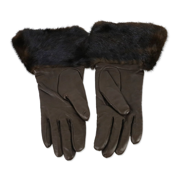 Agnelle Brown Lambskin Mink Trimmed Gloves with Cashmere Lining
