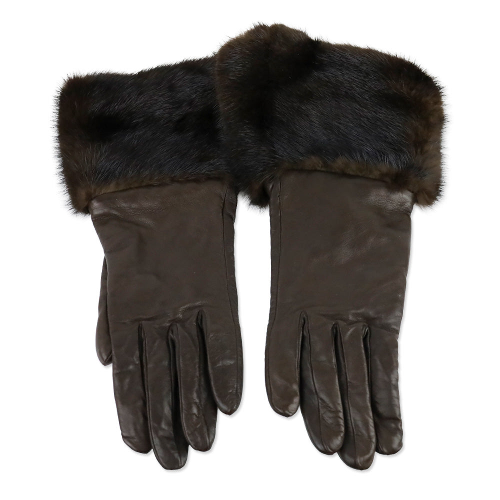 Agnelle Brown Lambskin Mink Trimmed Gloves with Cashmere Lining