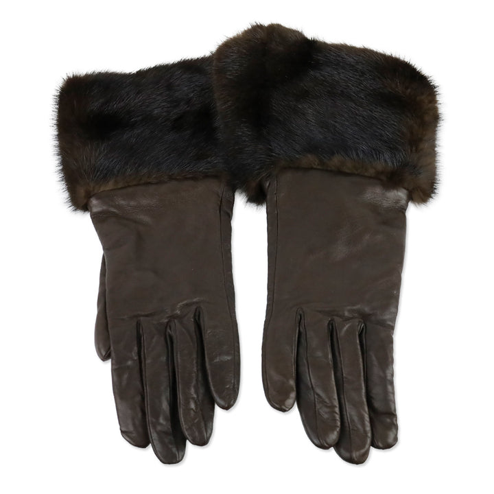 Agnelle Brown Lambskin Mink Trimmed Gloves with Cashmere Lining