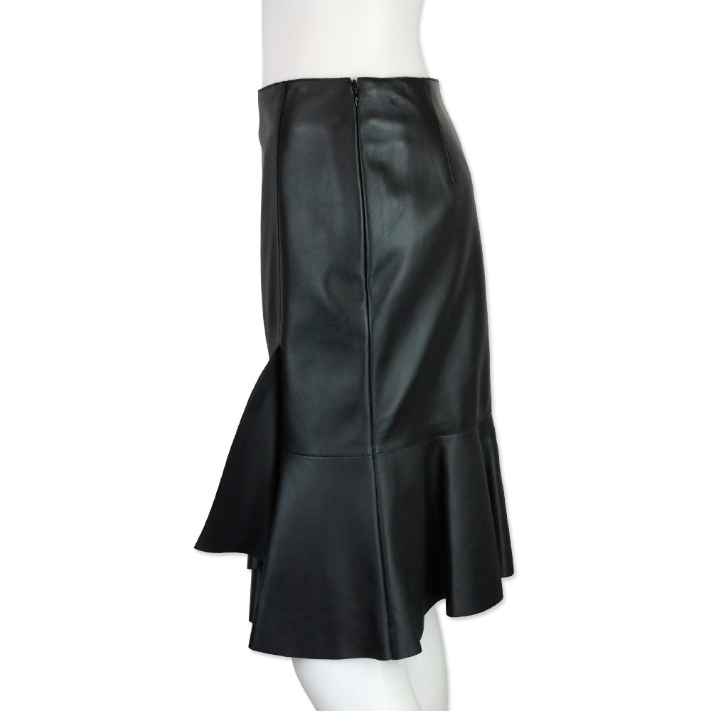 Akris Black Lamb Nappa Leather Ruffle Tier Midi Skirt