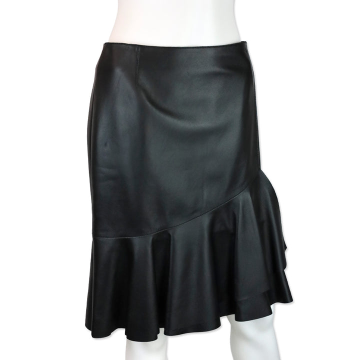 Akris Black Lamb Nappa Leather Ruffle Tier Midi Skirt