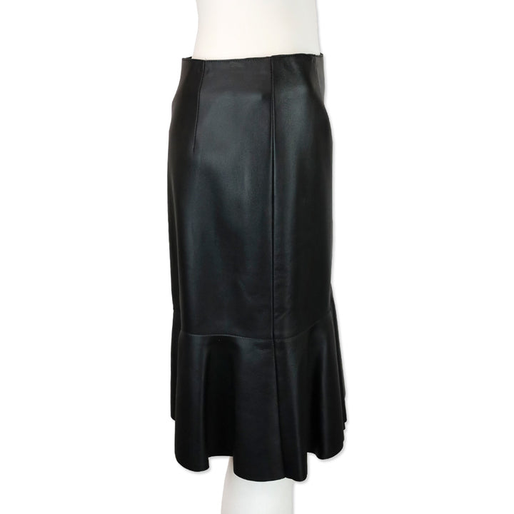 Akris Black Lamb Nappa Leather Ruffle Tier Midi Skirt
