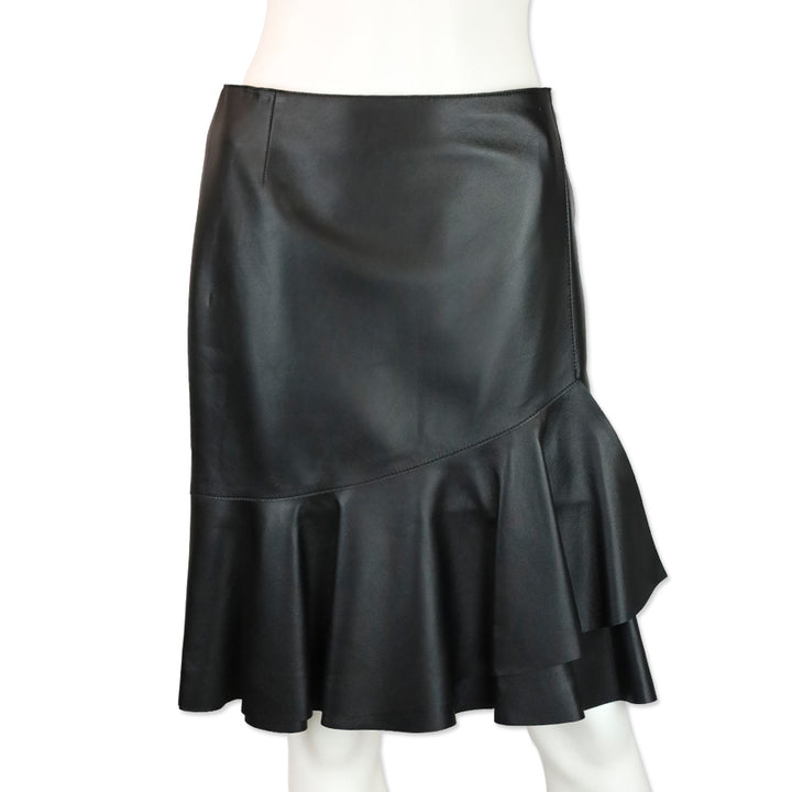 Akris Black Lamb Nappa Leather Ruffle Tier Midi Skirt