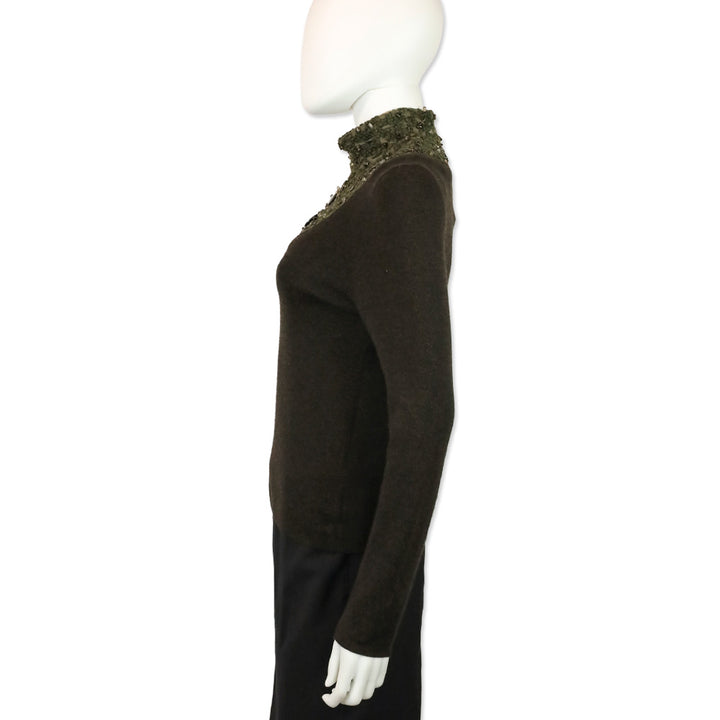 Akris Brown Cashmere Silk Knit Sweater with Olive Beaded Turtleneck