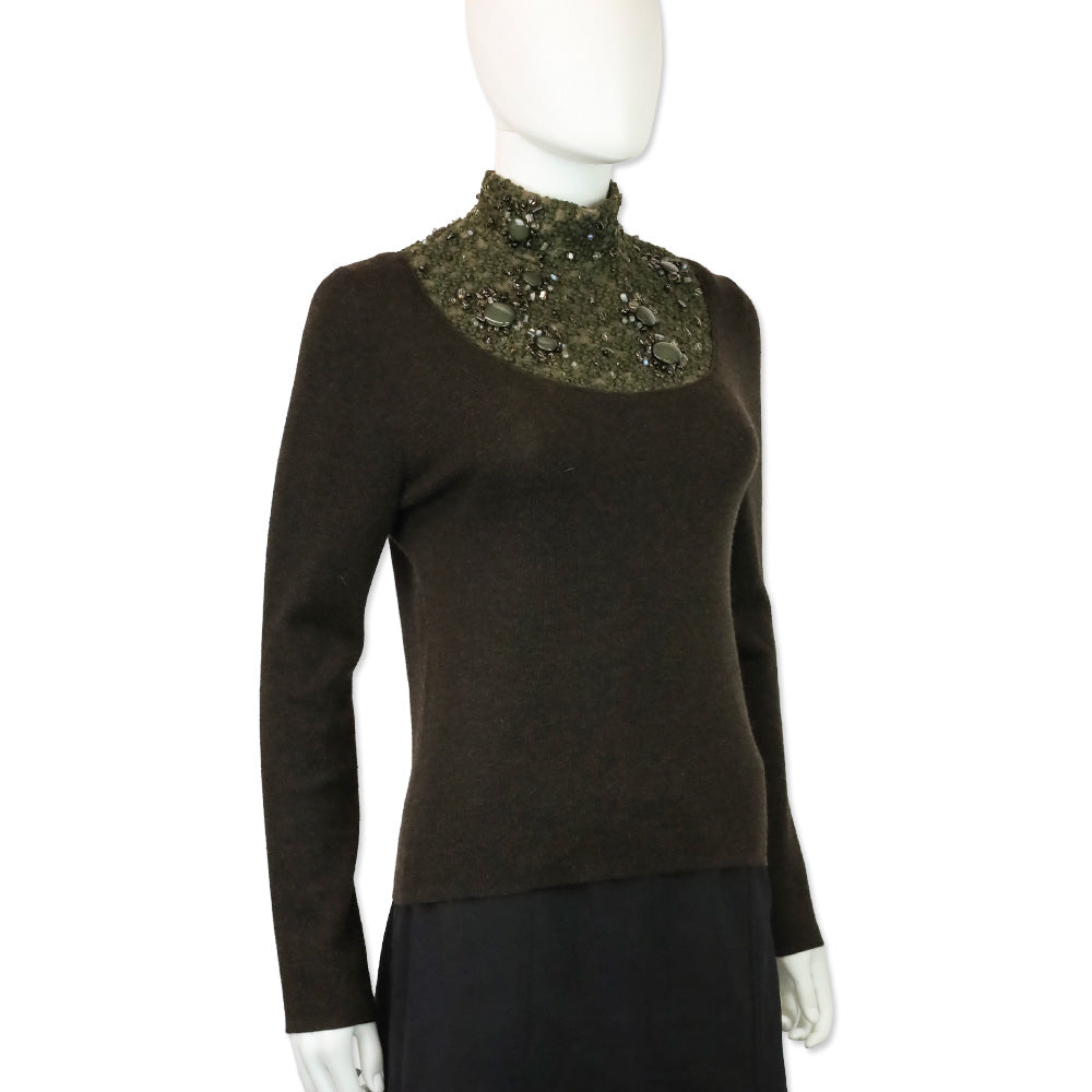 Akris Brown Cashmere Silk Knit Sweater with Olive Beaded Turtleneck