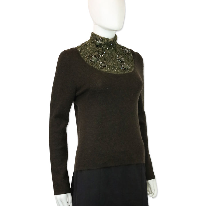 Akris Brown Cashmere Silk Knit Sweater with Olive Beaded Turtleneck
