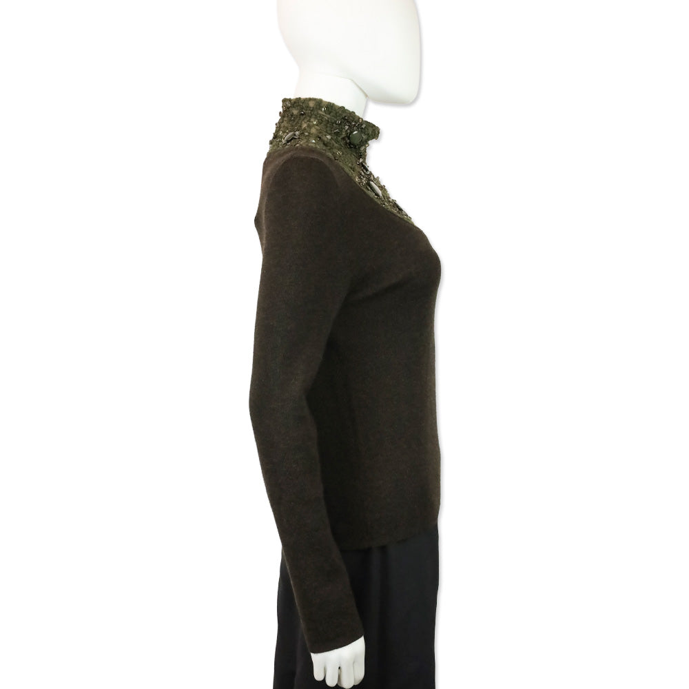 Akris Brown Cashmere Silk Knit Sweater with Olive Beaded Turtleneck