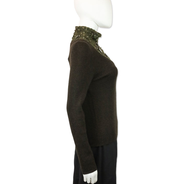Akris Brown Cashmere Silk Knit Sweater with Olive Beaded Turtleneck