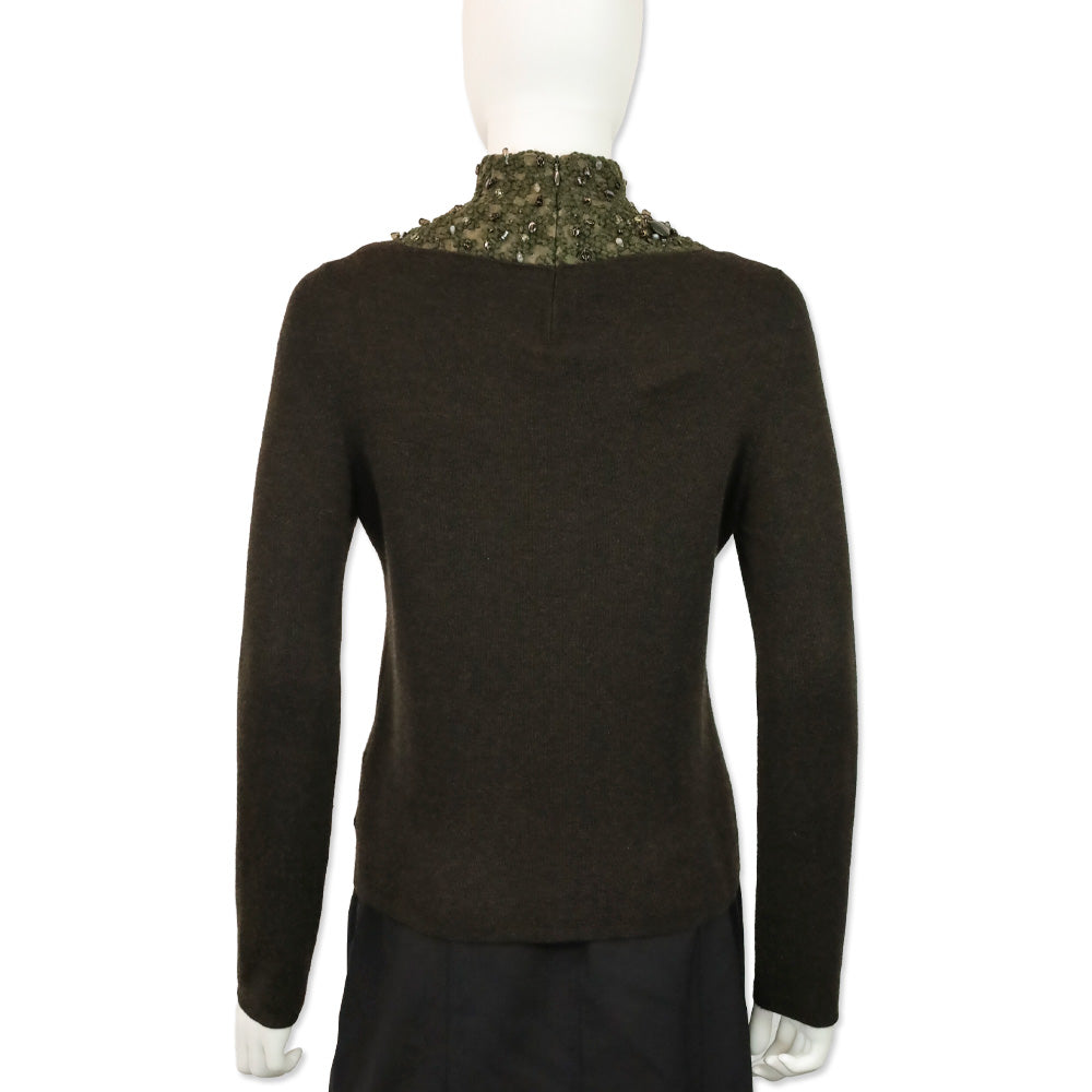 Akris Brown Cashmere Silk Knit Sweater with Olive Beaded Turtleneck