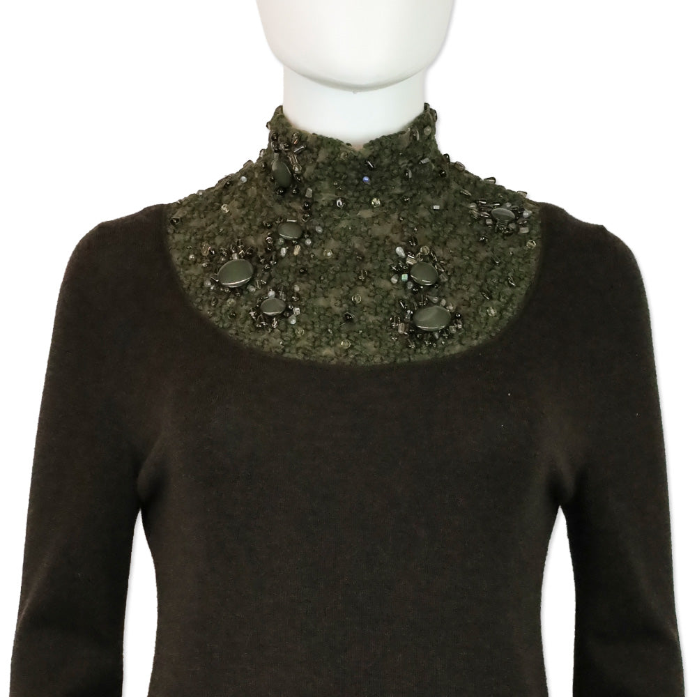 Akris Brown Cashmere Silk Knit Sweater with Olive Beaded Turtleneck