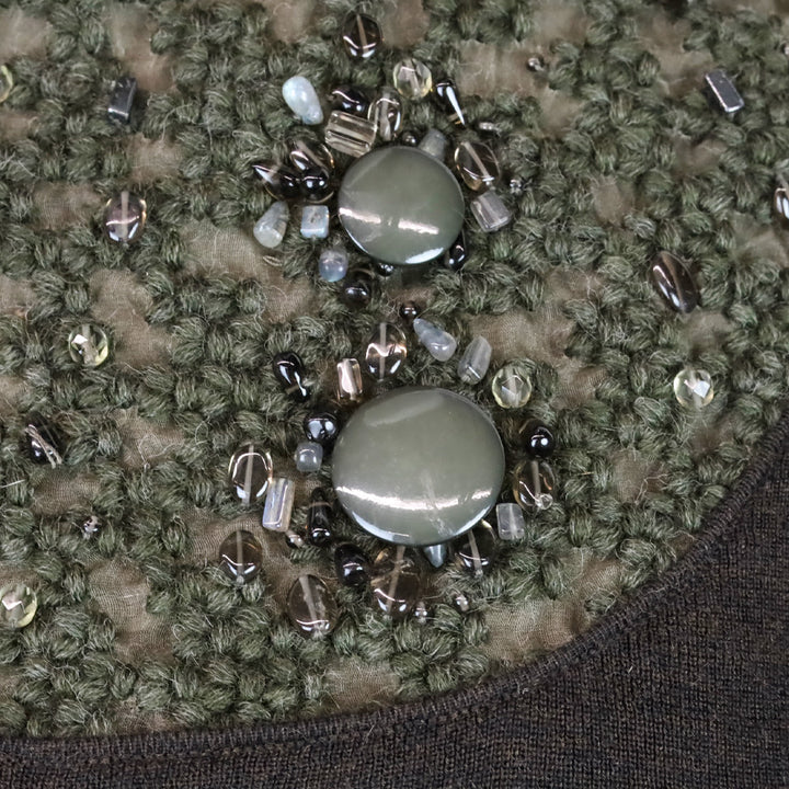 Akris Brown Cashmere Silk Knit Sweater with Olive Beaded Turtleneck