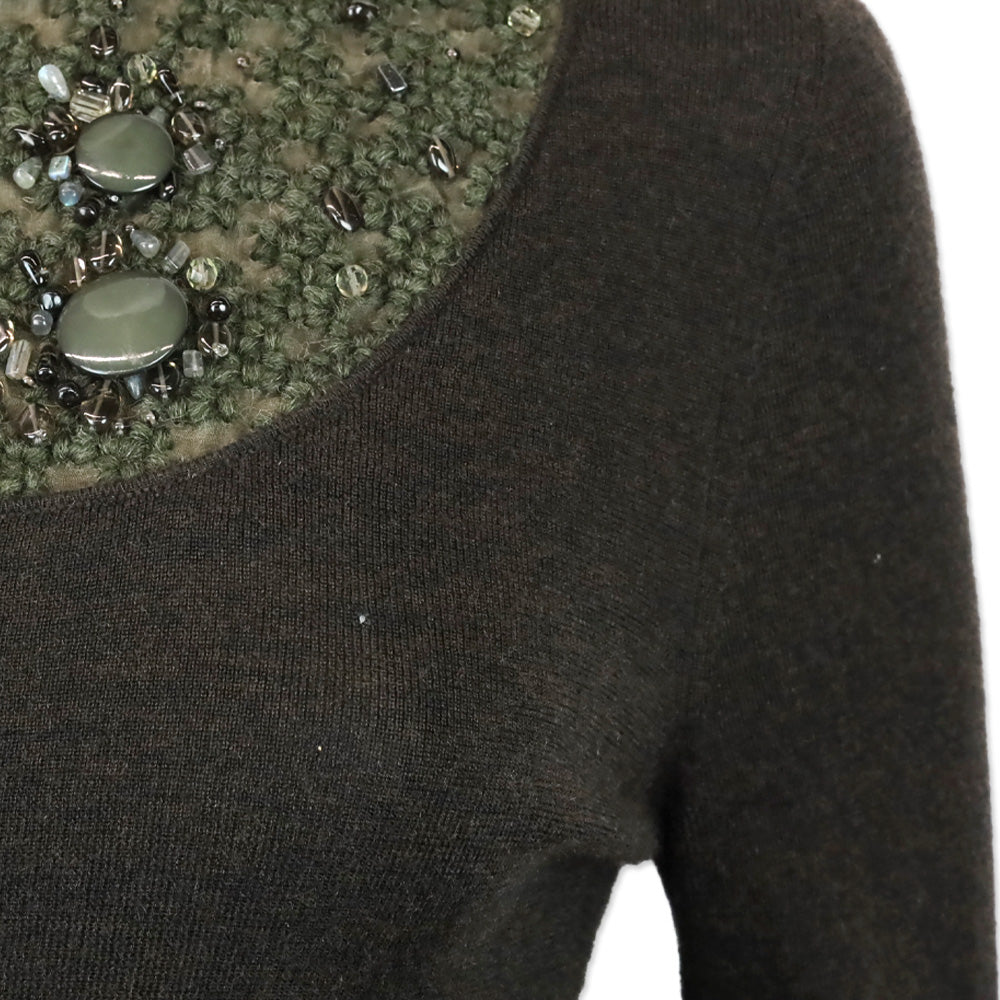 Akris Brown Cashmere Silk Knit Sweater with Olive Beaded Turtleneck