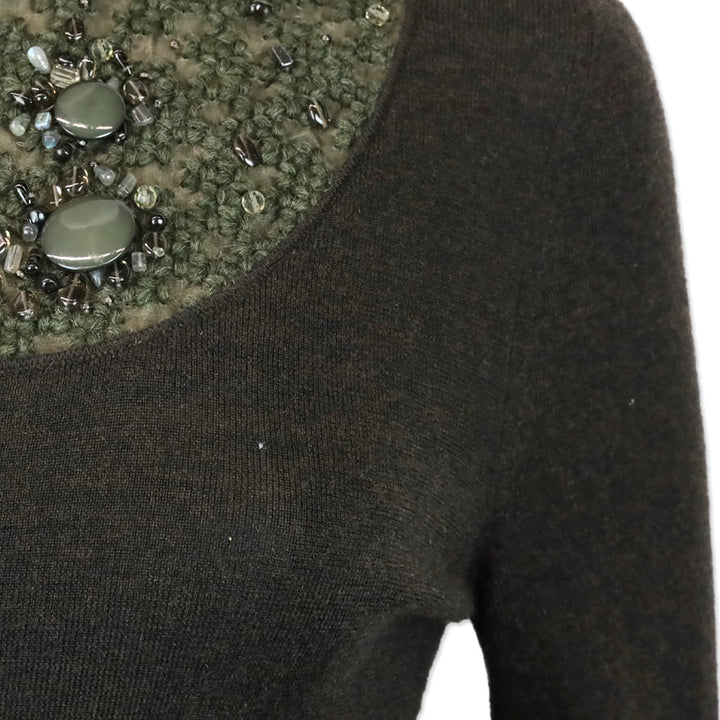 Akris Brown Cashmere Silk Knit Sweater with Olive Beaded Turtleneck