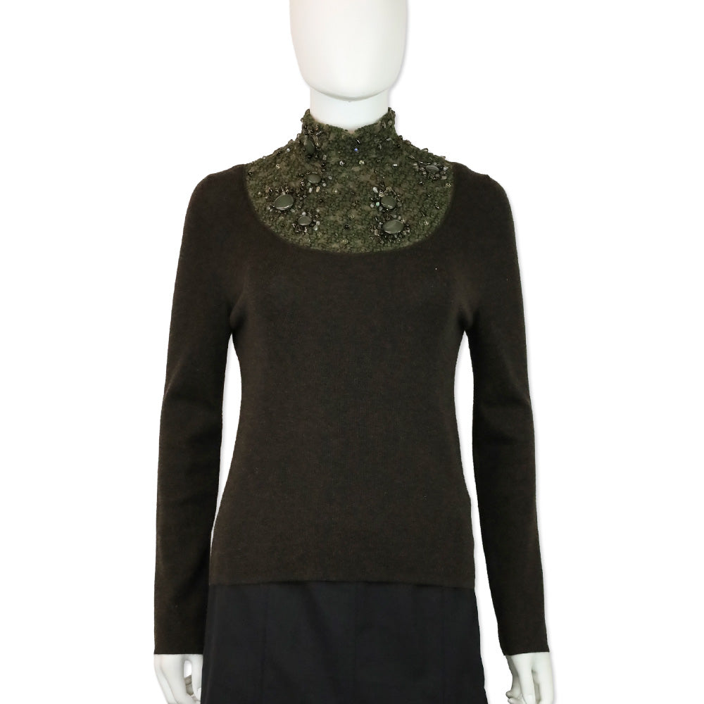 Akris Brown Cashmere Silk Knit Sweater with Olive Beaded Turtleneck
