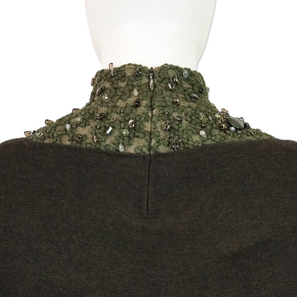Akris Brown Cashmere Silk Knit Sweater with Olive Beaded Turtleneck