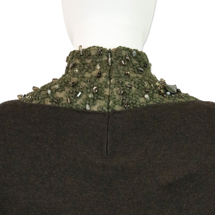 Akris Brown Cashmere Silk Knit Sweater with Olive Beaded Turtleneck
