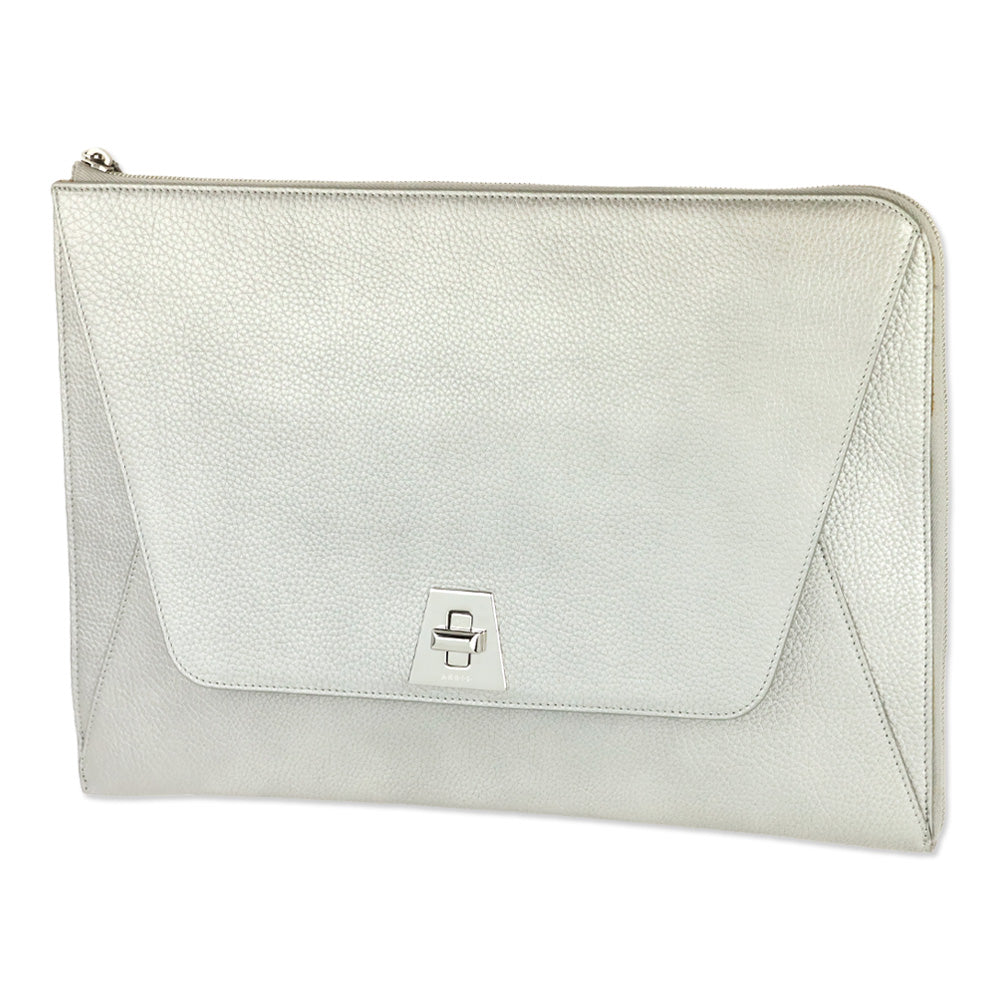 Akris Metallic Silver Pebbled Leather Large Zip Clutch