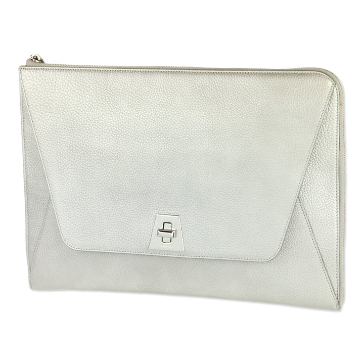 Akris Metallic Silver Pebbled Leather Large Zip Clutch