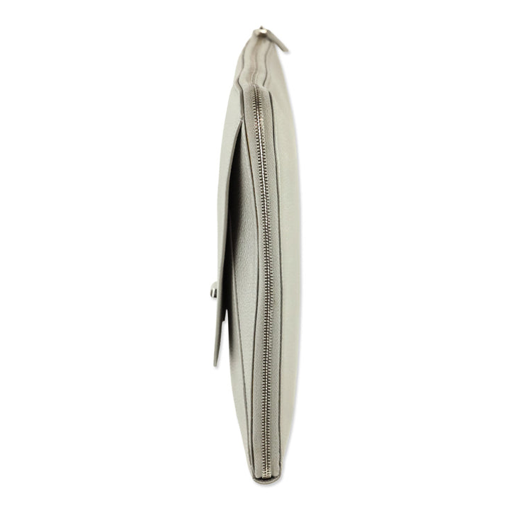 Akris Metallic Silver Pebbled Leather Large Zip Clutch