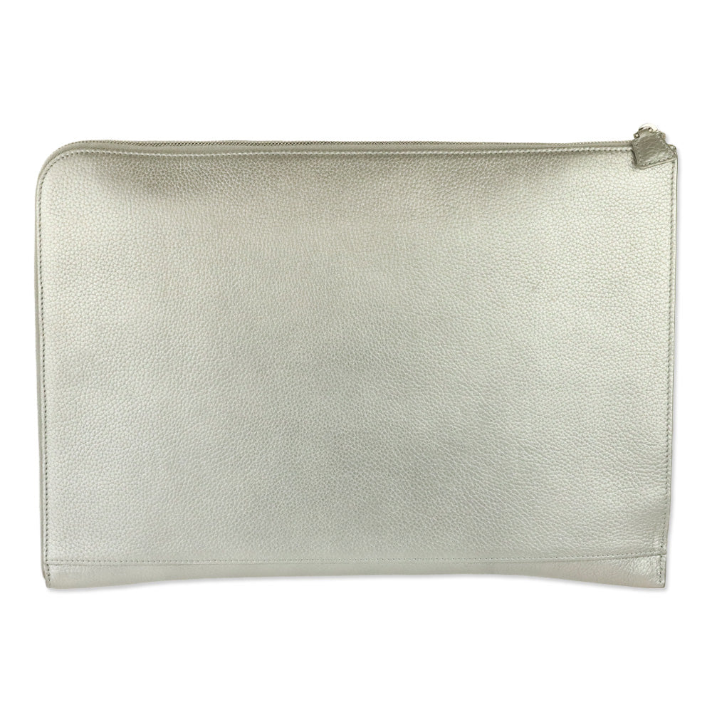 Akris Metallic Silver Pebbled Leather Large Zip Clutch