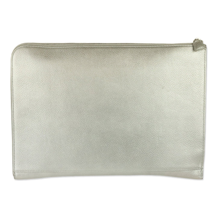 Akris Metallic Silver Pebbled Leather Large Zip Clutch