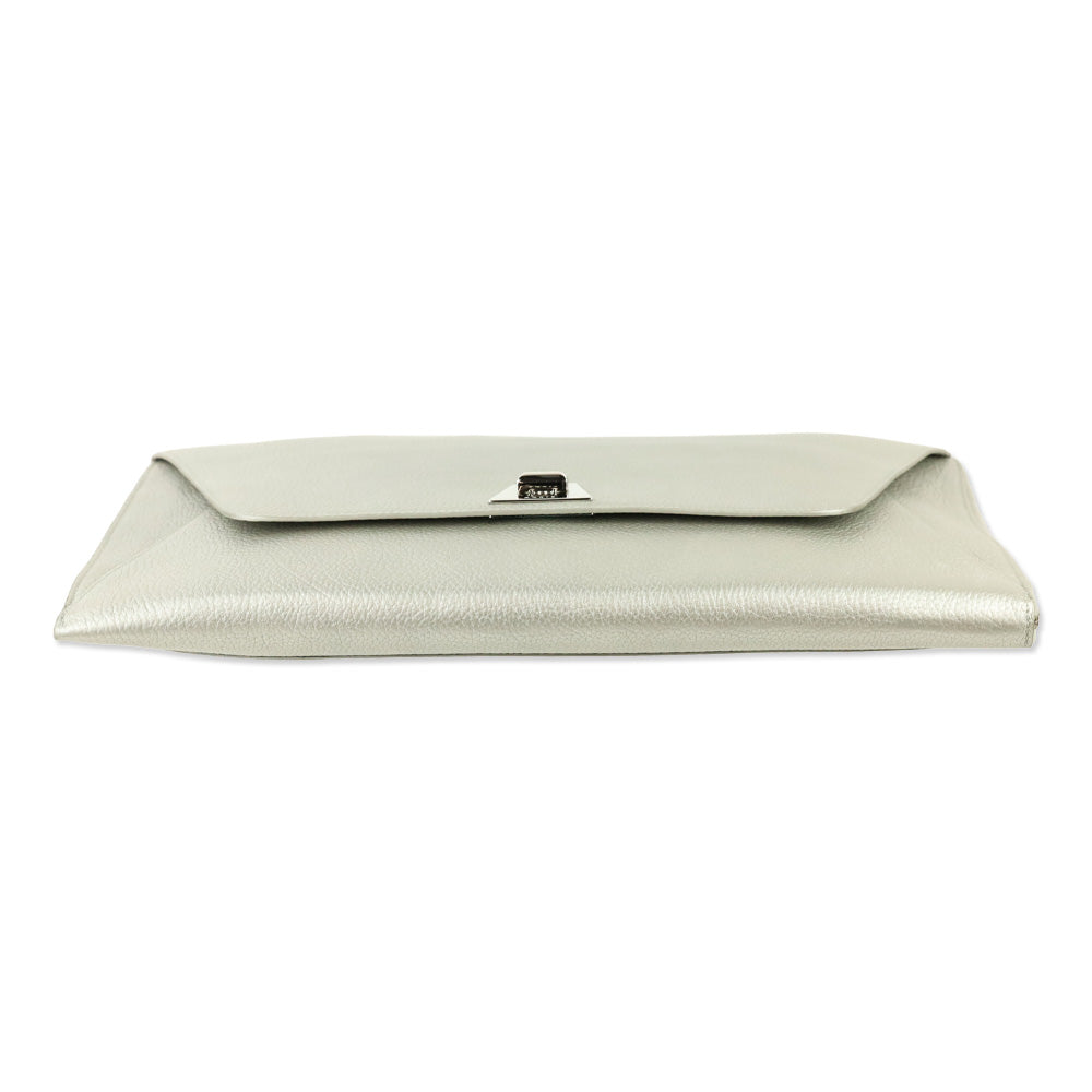 Akris Metallic Silver Pebbled Leather Large Zip Clutch