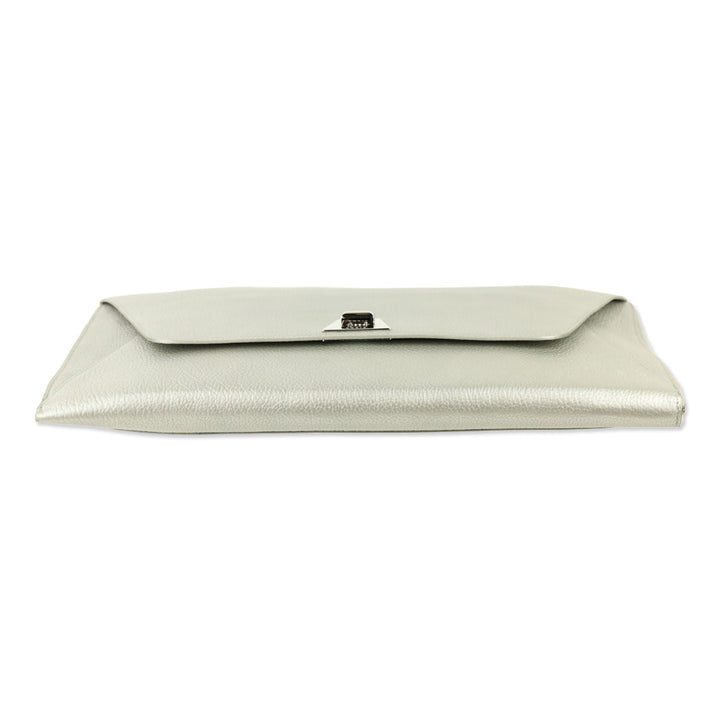 Akris Metallic Silver Pebbled Leather Large Zip Clutch