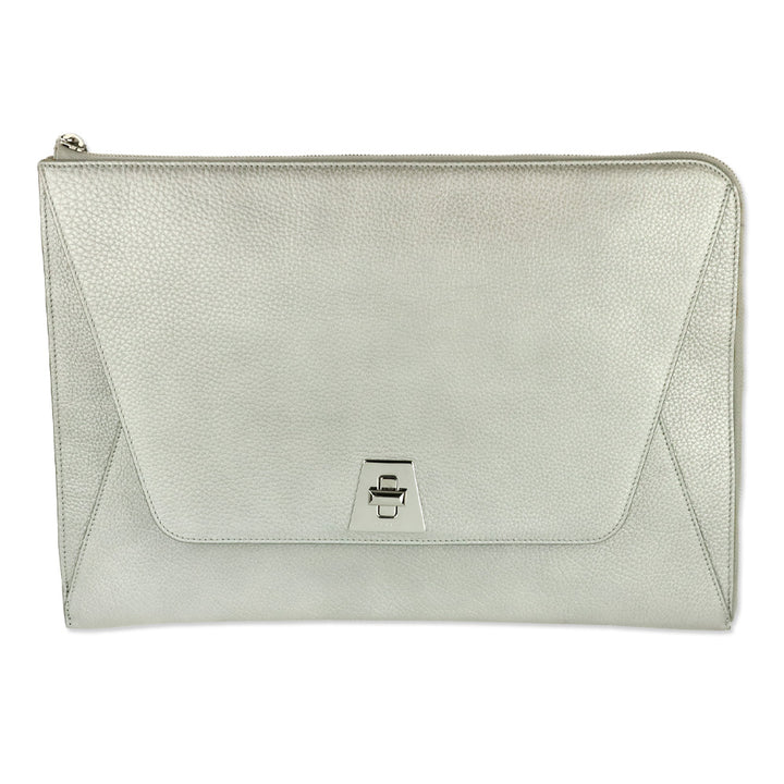 Akris Metallic Silver Pebbled Leather Large Zip Clutch