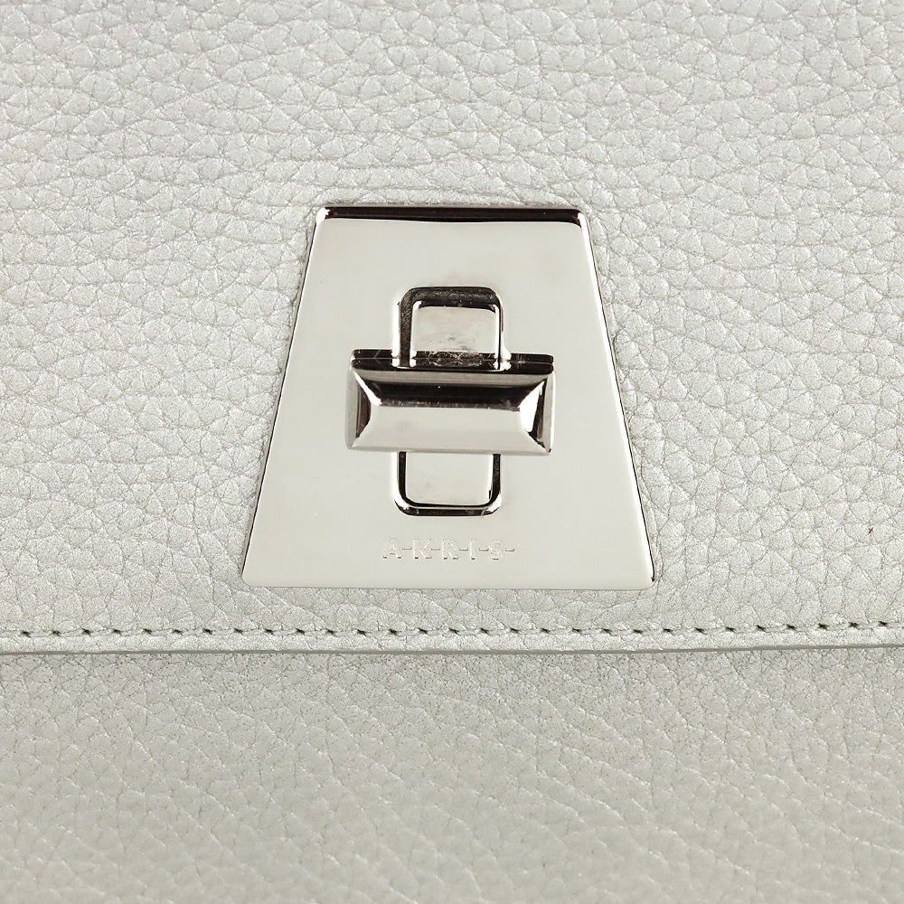 Akris Metallic Silver Pebbled Leather Large Zip Clutch