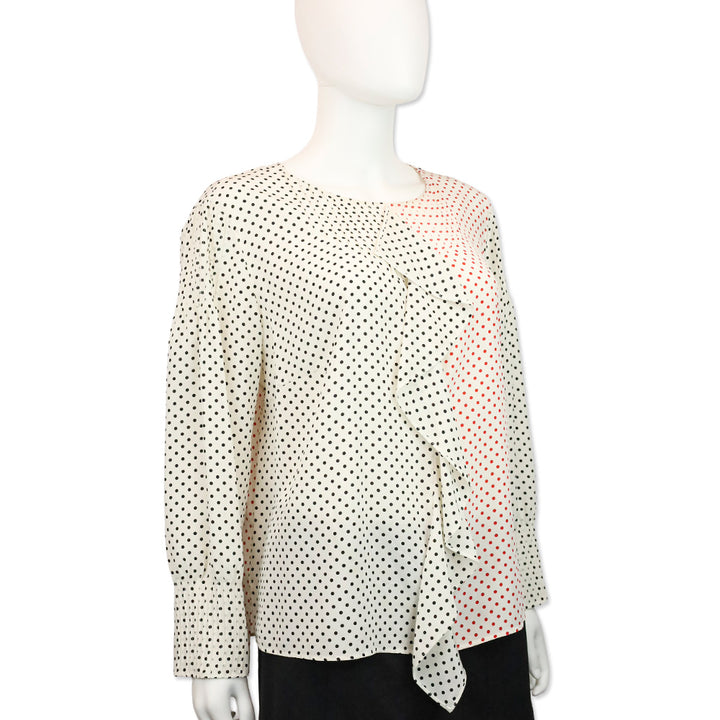 Akris Punto Black & Red Polka‎ Dot Silk Ruffle Blouse
